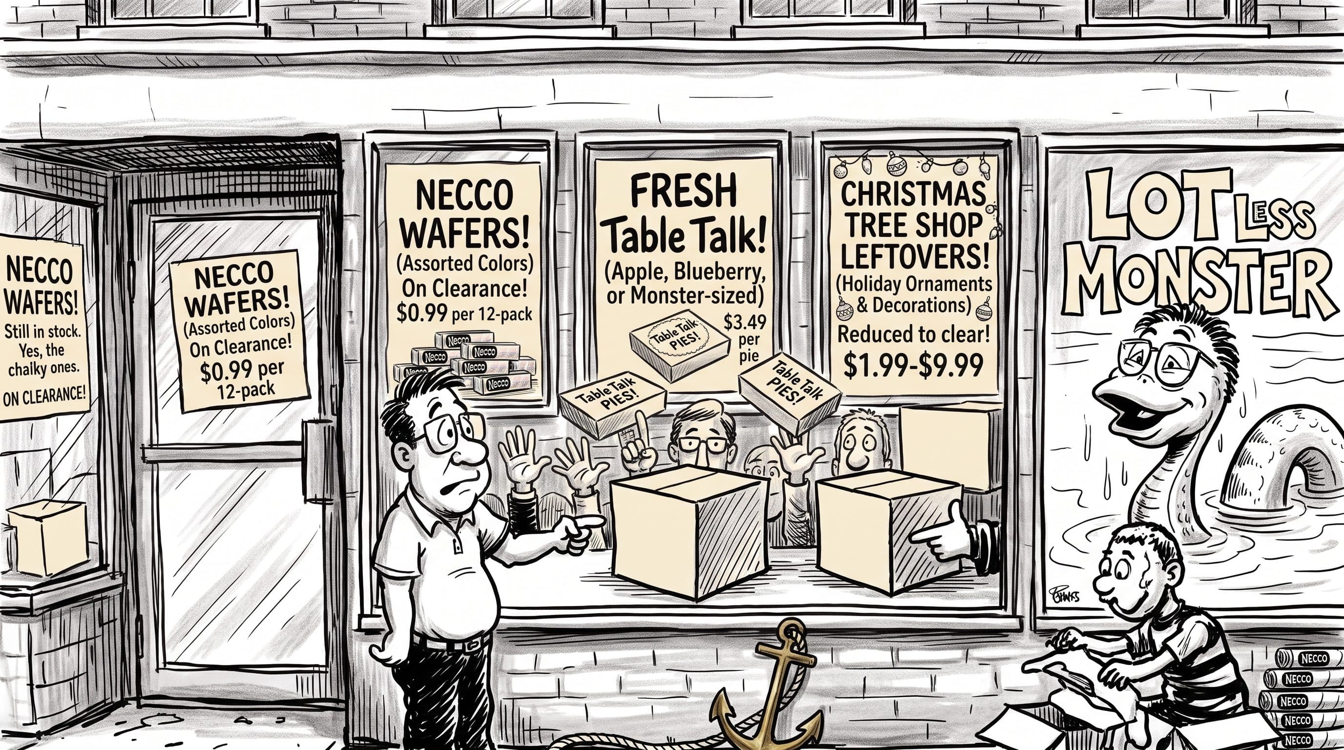 Cartoon of a closeout storefront papered with signs: Necco wafers on clearance, fresh Table Talk pies, Christmas Tree Shop leftovers, and a lake monster reading the Lot Less Monster sign next door